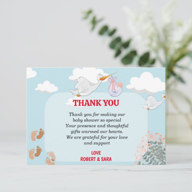 white stork for beautiful baby thank you card (Standing Front)