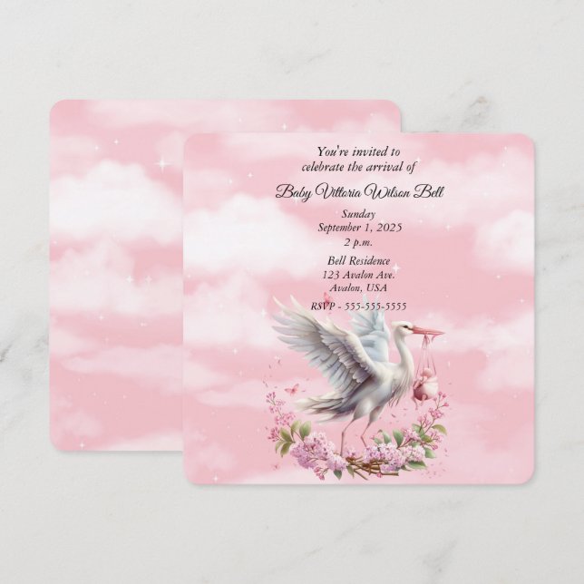 White Stork Pink Baby Girl Invitation (Front/Back)