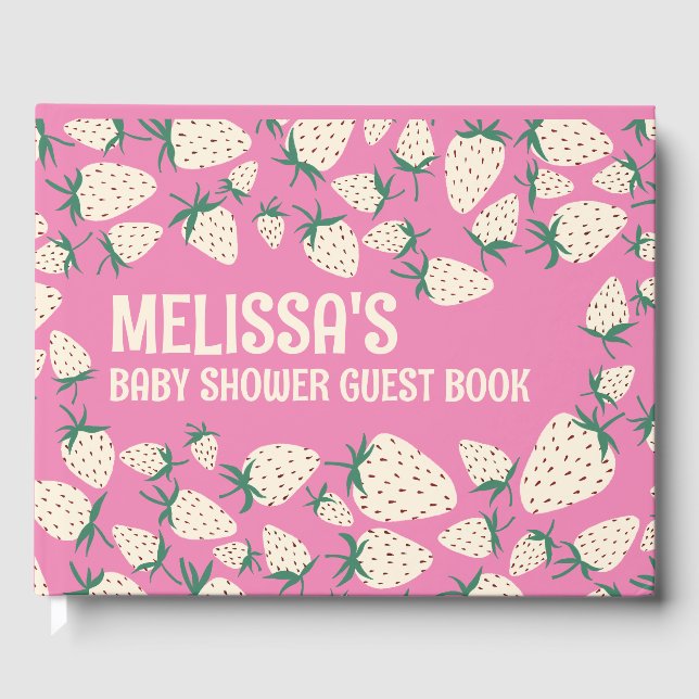 White Strawberry Cute Pineberry CUSTOM BABY SHOWER Guest Book (Front)