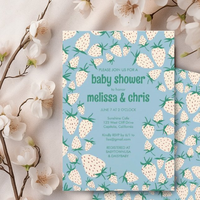 White Strawberry Cute Pineberry CUSTOM BABY SHOWER Invitation (White strawberries decorate this custom baby shower invitation. Add your own text - avail digitally)