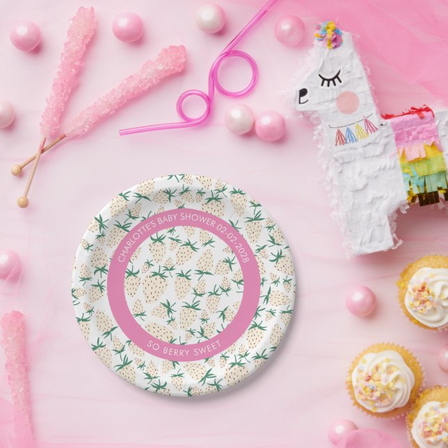 White Strawberry Cute Pineberry CUSTOM BABY SHOWER Paper Plate (Party)