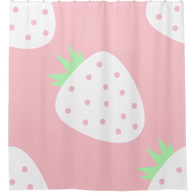 white strawberry pastel pink fruit print shower curtain (Front)
