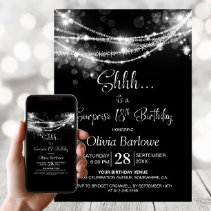 White String Lights Black Surprise 18th Birthday Invitation