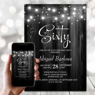 White String Lights Black Wood 60th Birthday Party Invitation