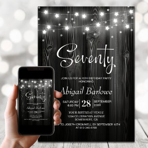White String Lights Black Wood 70th Birthday Party Invitation