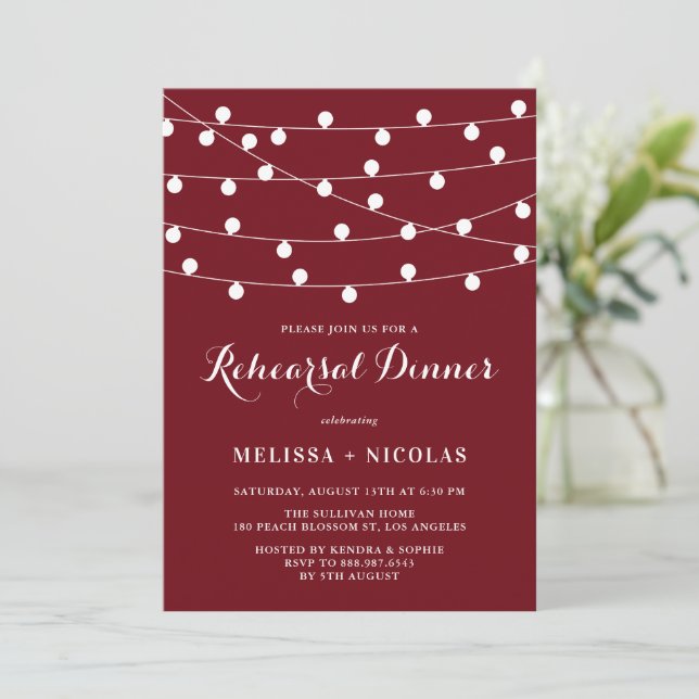 White String Lights Burgundy Rehearsal Dinner Invitation (Standing Front)