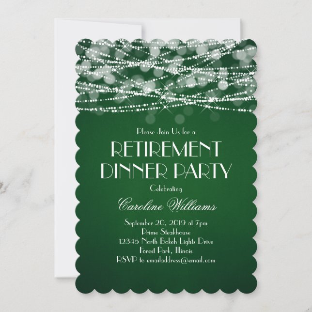White String Lights on Green Retirement Invitation (Front)