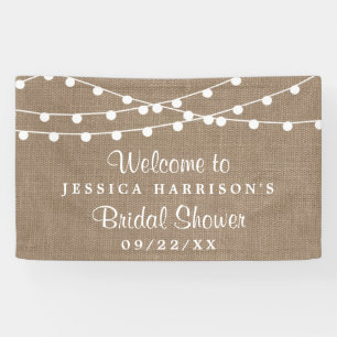 White String Lights On Rustic Burlap Bridal Shower Banner
