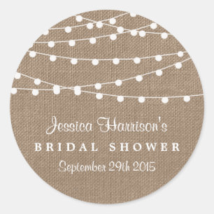 White String Lights On Rustic Burlap Bridal Shower Classic Round Sticker