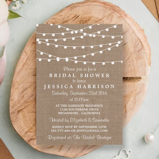 White String Lights On Rustic Burlap Bridal Shower Invitation (Creator Uploaded)