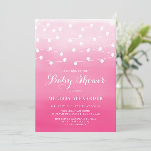 White String Lights Pink Ombre Baby Shower Invitation (Standing Front)