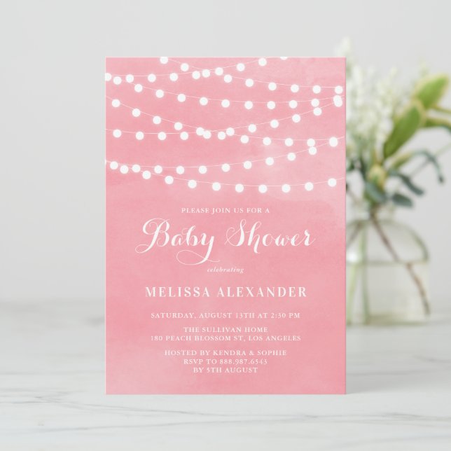 White String Lights Pink Watercolor Baby Shower Invitation (Standing Front)