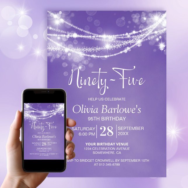 White String Lights Purple 95th Birthday Party Invitation (Creator Uploaded)