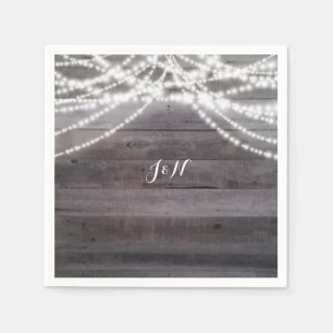 White String lights & Rustic Wood Wedding Napkin