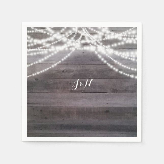 White String lights & Rustic Wood Wedding Napkin (Front)