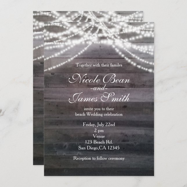White String lights & Wood Wedding Invitations (Front/Back)