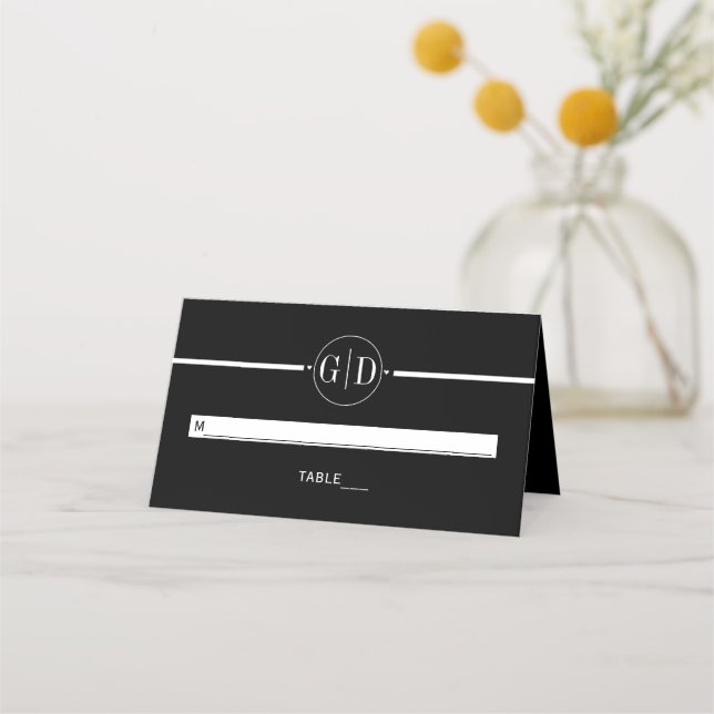 White stripe and initials black wedding escort place card (Front)