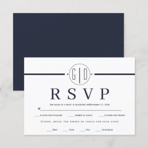 White stripe and initials midnight blue wedding RSVP card
