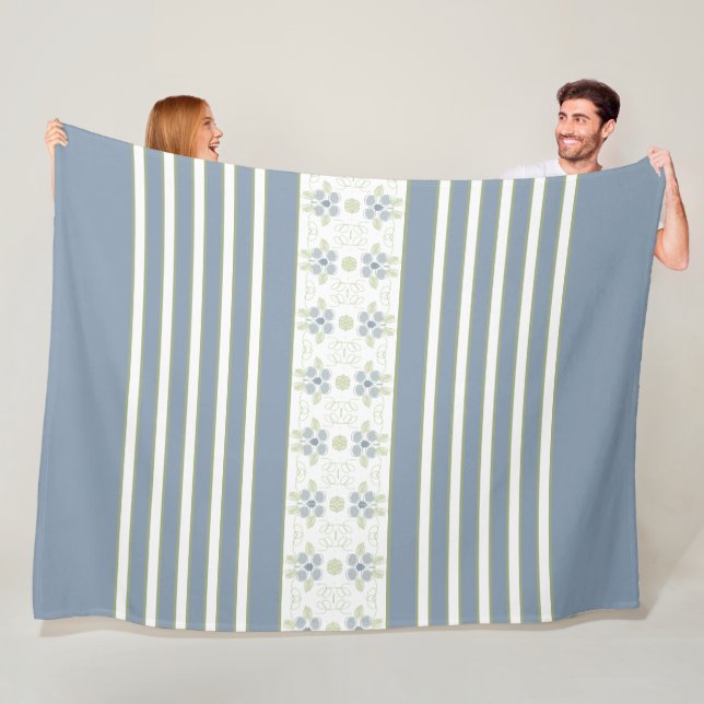 White Stripe With Blue Floral Accented Fleece Blanket (In Situ)