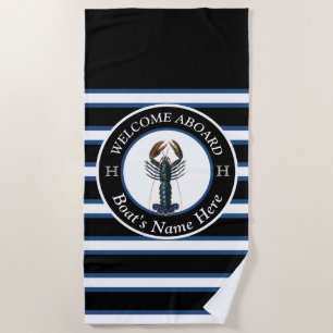  White Striped Nautical Boat Name Blue Lobste Beach Towel