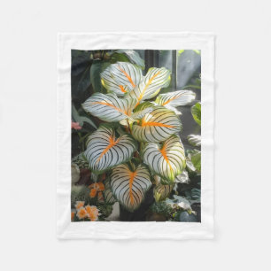 White Striped Tropical Plant Leaves Fleece Blanket