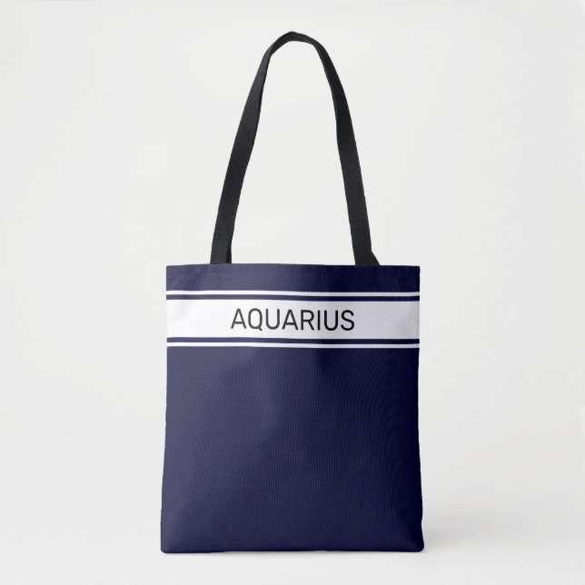 White stripes and aquarius text on navy blue tote bag (Front)