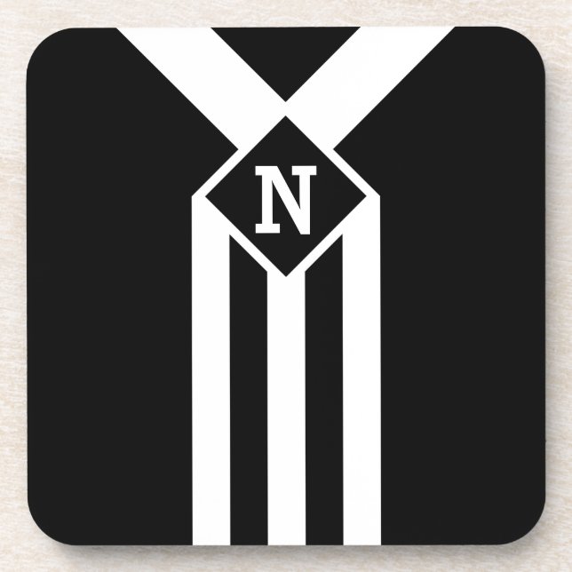 White Stripes and Chevrons on Black with Monogram Coaster (Front)