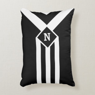 White Stripes and Chevrons on Black with Monogram Decorative Cushion
