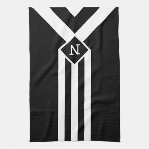 White Stripes and Chevrons on Black with Monogram Tea Towel