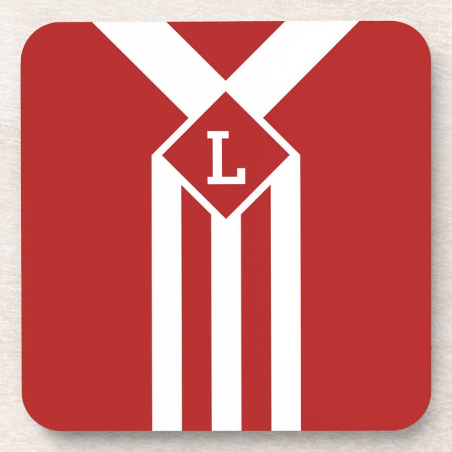White Stripes and Chevrons on Red with Monogram Coaster (Front)