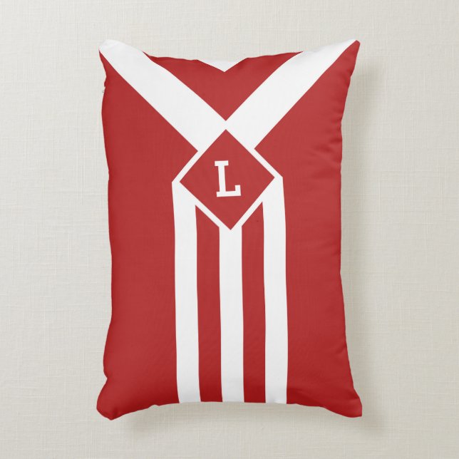 White Stripes and Chevrons on Red with Monogram Decorative Cushion (Front(Vertical))