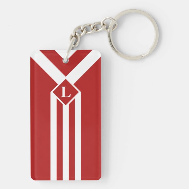 White Stripes and Chevrons on Red with Monogram Key Ring (Back)