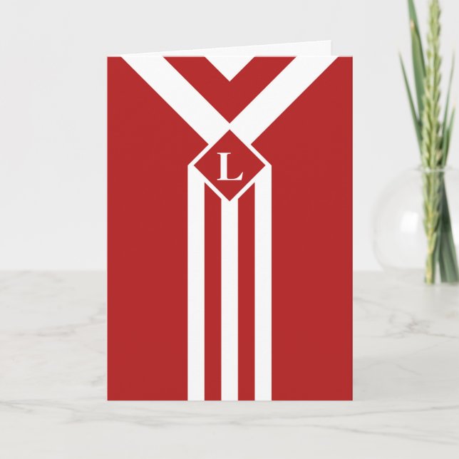 White Stripes and Chevrons on Red with Monogram Thank You Card (Front)