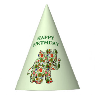 White Stripes And Floral Elephant- Happy Birthday Party Hat