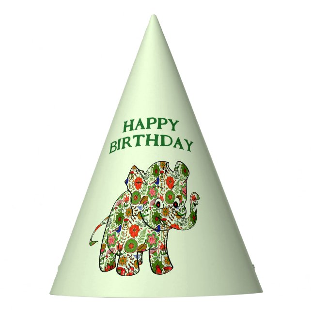 White Stripes And Floral Elephant- Happy Birthday Party Hat (Front)