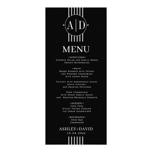 White stripes and initials black wedding menu card (Front)