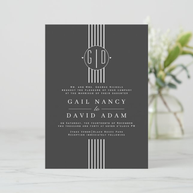 White stripes and initials charcoal grey wedding invitation (Standing Front)