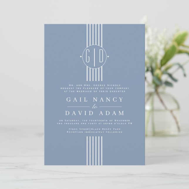 White stripes and initials dusty blue wedding invitation (Standing Front)