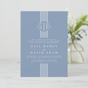 White stripes and initials dusty blue wedding invitation