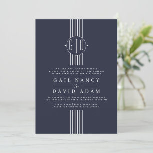 White stripes and initials midnight blue wedding invitation