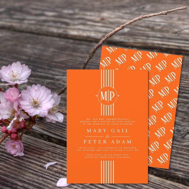 White stripes and initials orange wedding invitati invitation (Creator Uploaded)