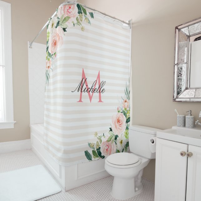 white stripes blush floral monogram shower curtain (In Situ)
