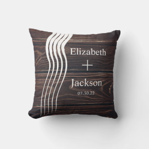 White Stripes Dark Wood Monogram Couples Wedding  Cushion