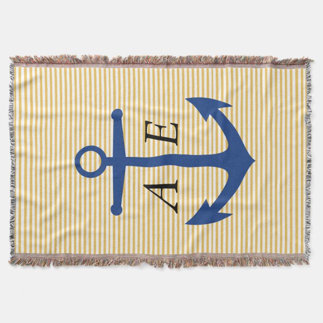 White Stripes Nautical Anchor Custom Throw Blanket (Front)