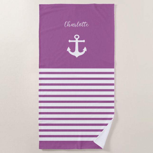  White Stripes Nautical  Personalised Girl Beach Towel (Front)