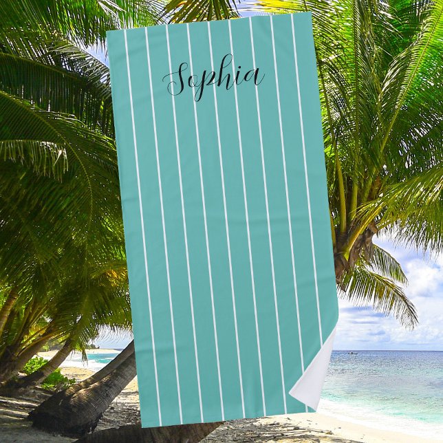 White Stripes on Teal & Black Script Name Beach Towel (Creator Uploaded)