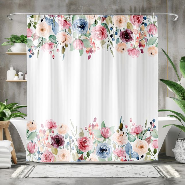 White Stripes Spring Flowers Border Accent Shower Curtain (Creator Uploaded)
