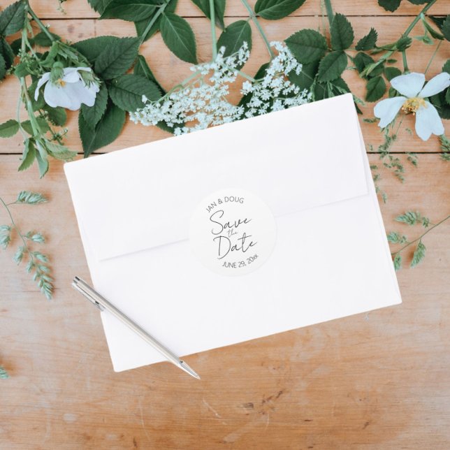 White Stylised Wedding Save the Date Classic Round Sticker (In Situ Wedding)