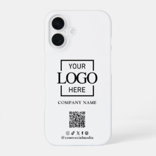 White Stylish Minimalist Business Logo & QR Code iPhone 16 Case