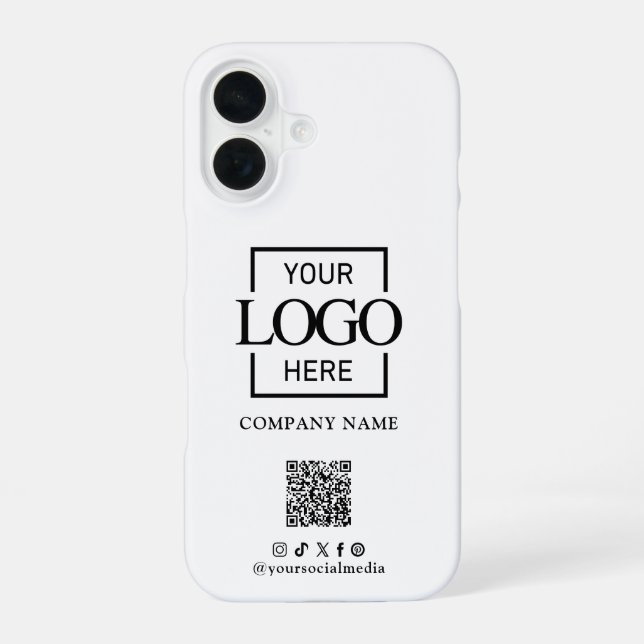 White Stylish Minimalist Business Logo & QR Code iPhone 16 Case (Back)